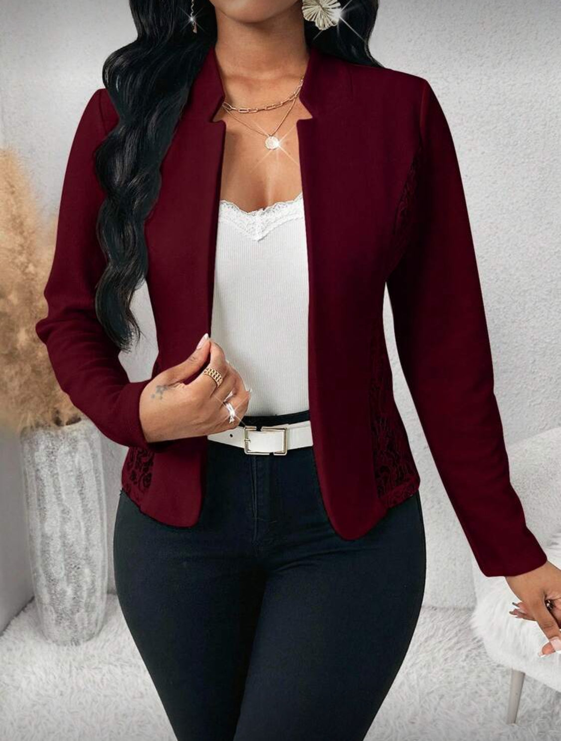 Elegant Lace-Detail Open Front Blazer