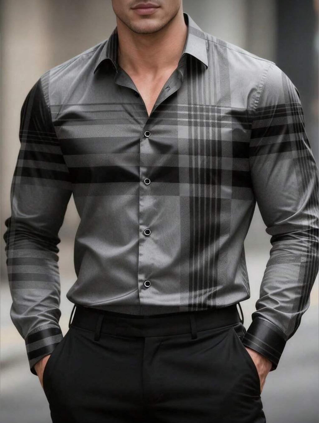 Men’s Modern Plaid Slim-Fit Button-Up Shirt