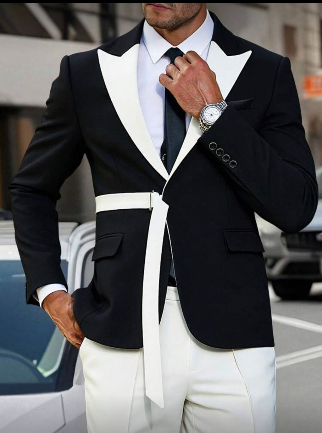 Black & White Contrast Belted Suit
