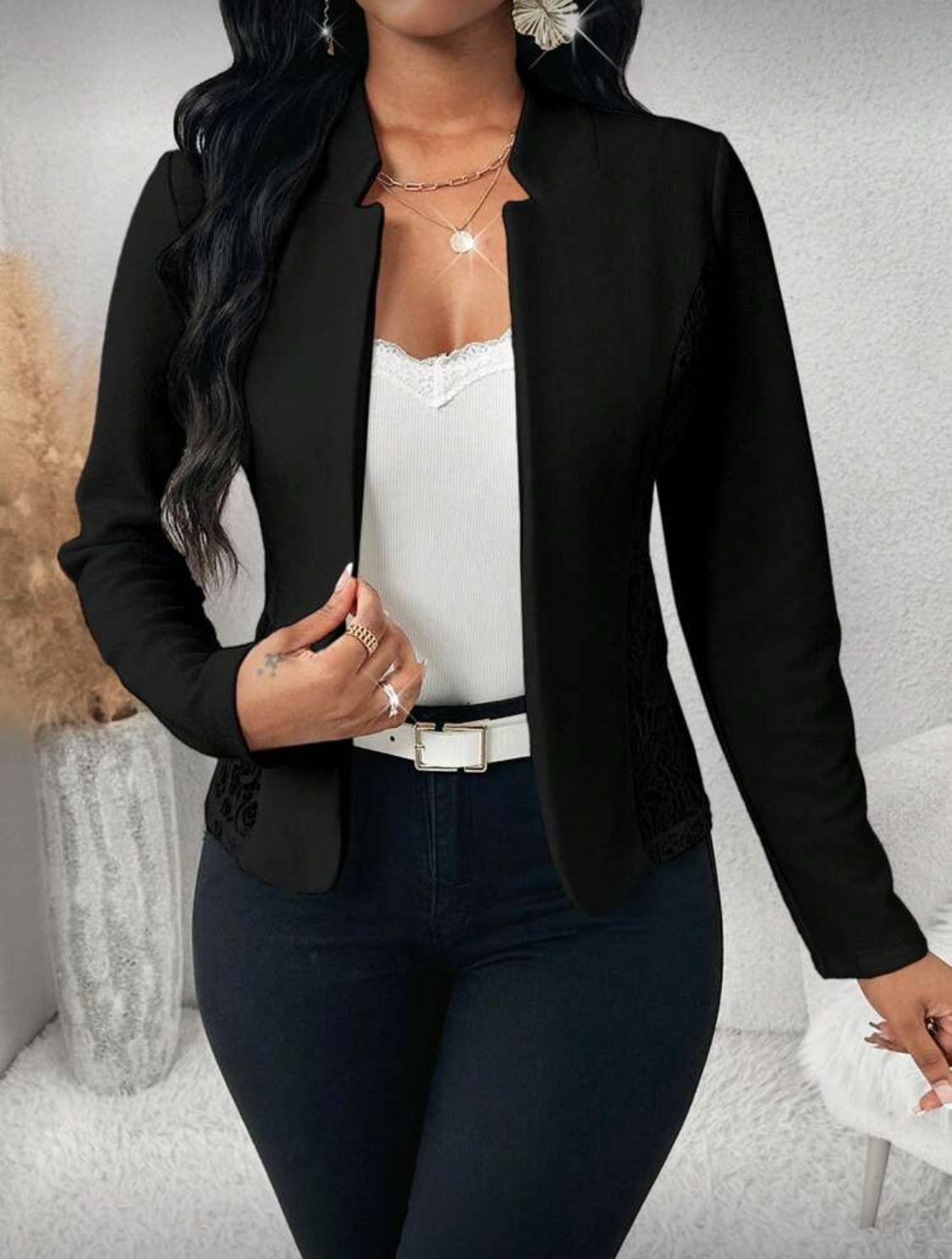 Elegant Lace-Detail Open Front Blazer