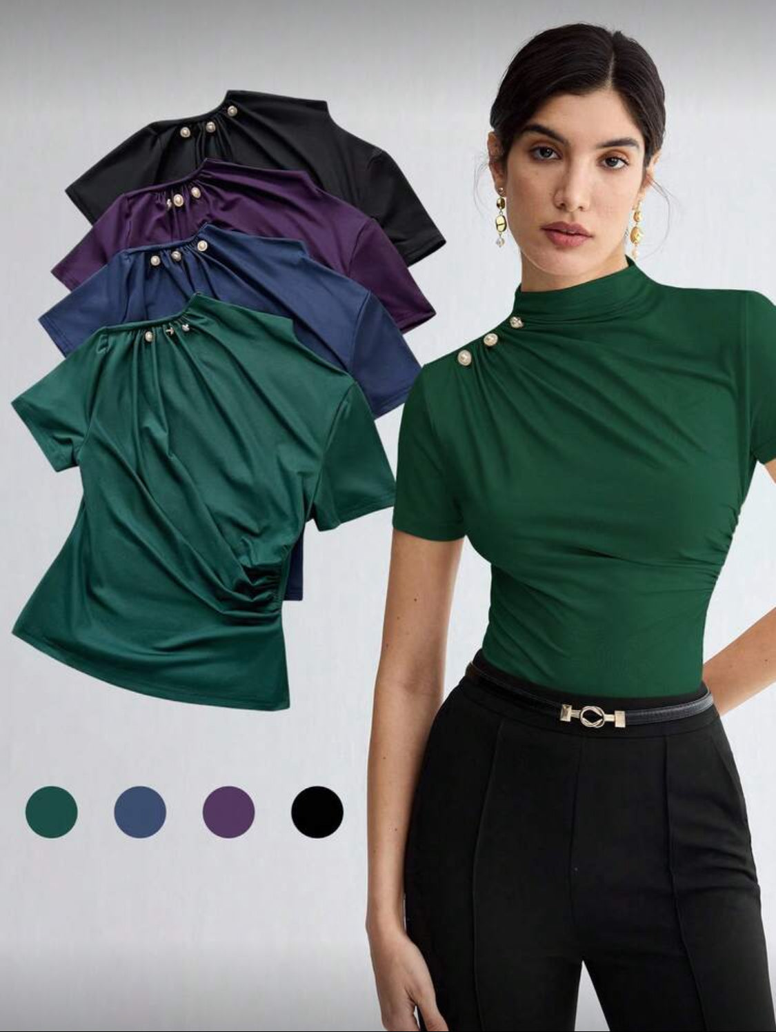 Elegant High-Neck Draped Short Sleeve Top