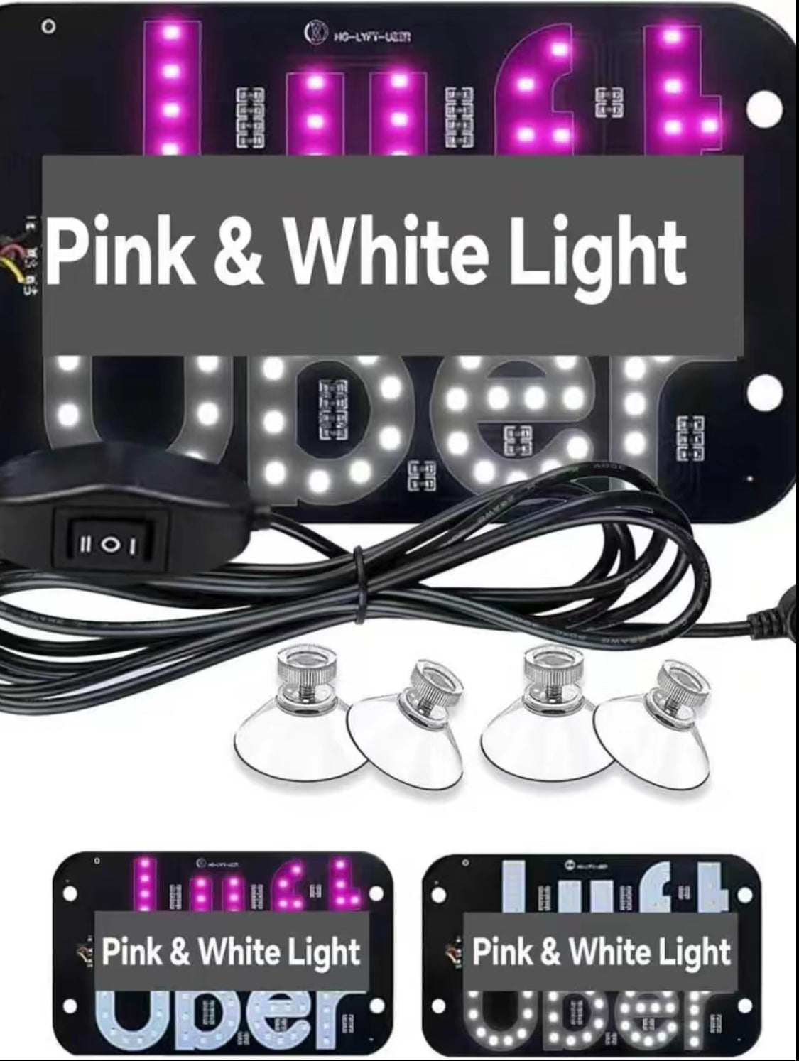 USB LED “Pink & White Light” Car Sign – Ride-Share Dashboard Display with On/Off Switch