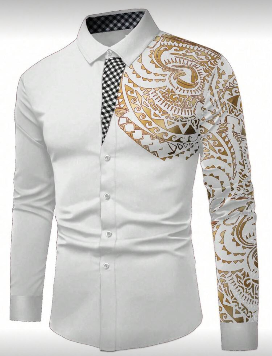 Men’s Slim Fit Designer Shirt with Gold Tribal Pattern
