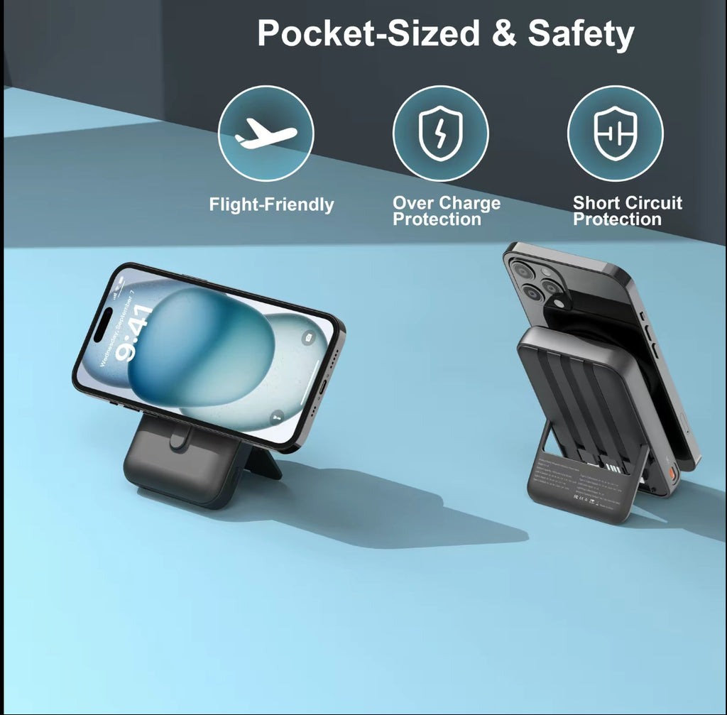 Magnetic Wireless Power Bank with Foldable Stand – Fast Charging Portable Battery Pack