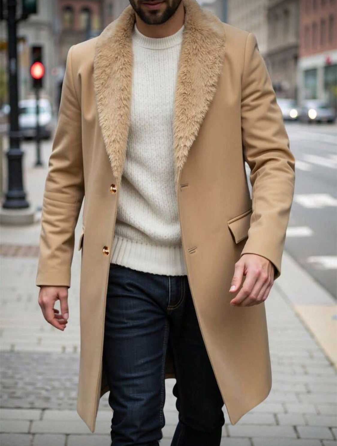 Men’s Luxury Faux Fur Collar Long Coat – Elegant Winter Style