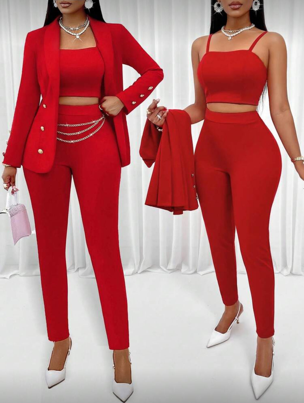 Elegant Red Three-Piece Pants Set for Women