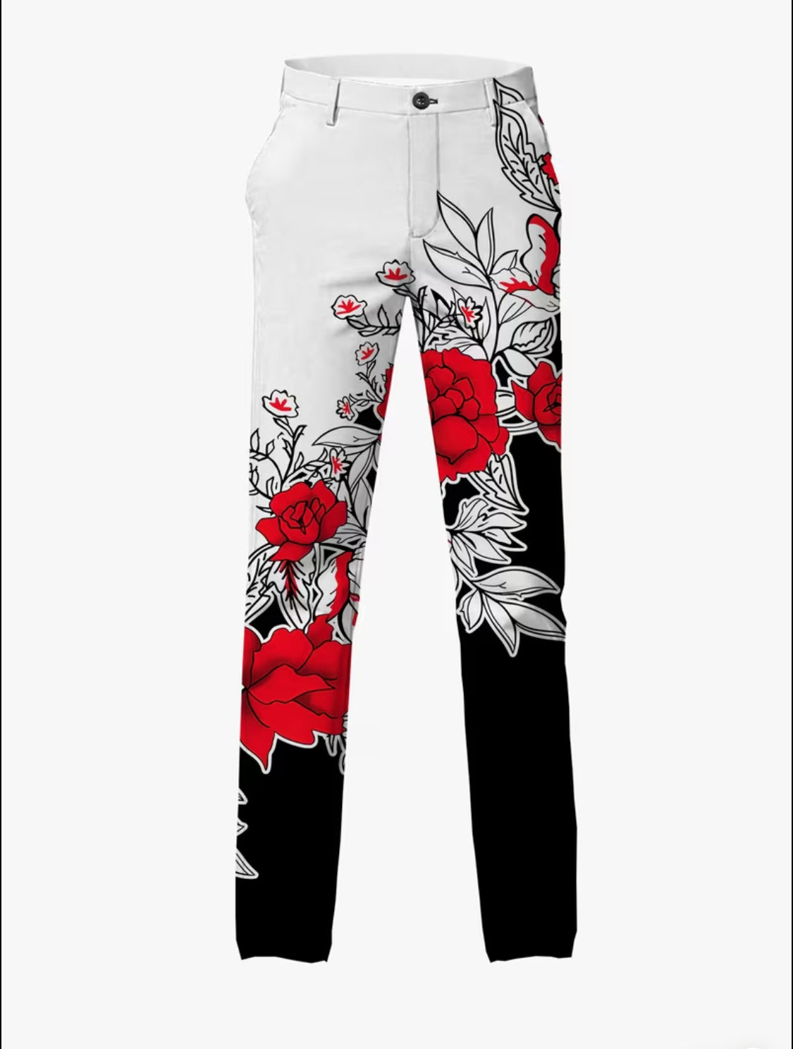 Men’s White & Black Floral Suit Set with Red Rose Design