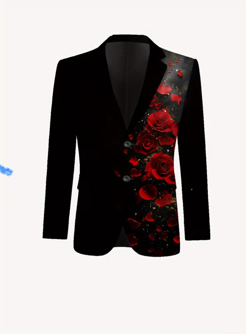 Men’s Black Rose Floral Suit Set with Red Petal Design