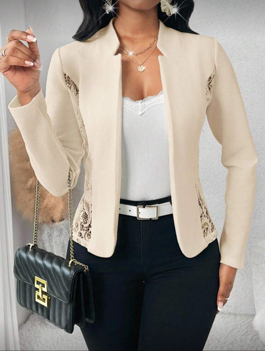 Elegant Lace-Detail Open Front Blazer