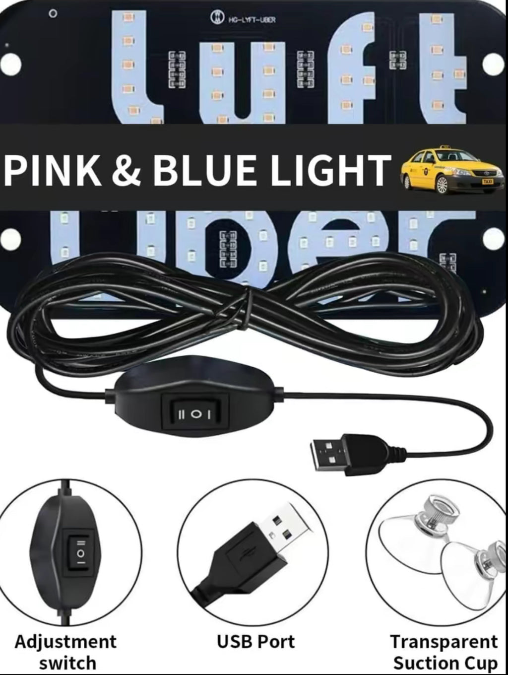 USB LED “Pink & White Light” Car Sign – Ride-Share Dashboard Display with On/Off Switch