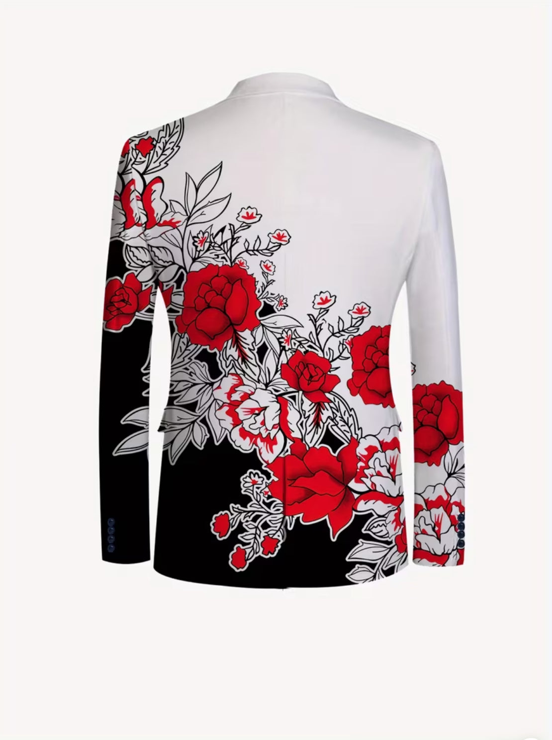 Men’s White & Black Floral Suit Set with Red Rose Design