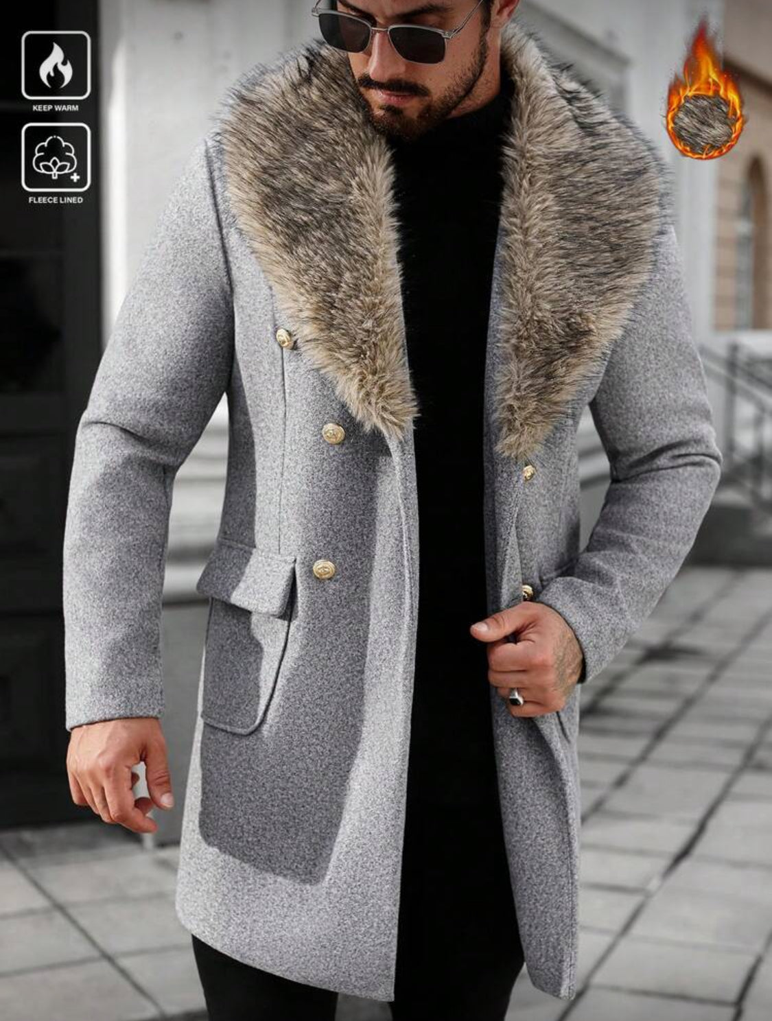 Men’s Luxury Fur-Collar Winter Overcoat