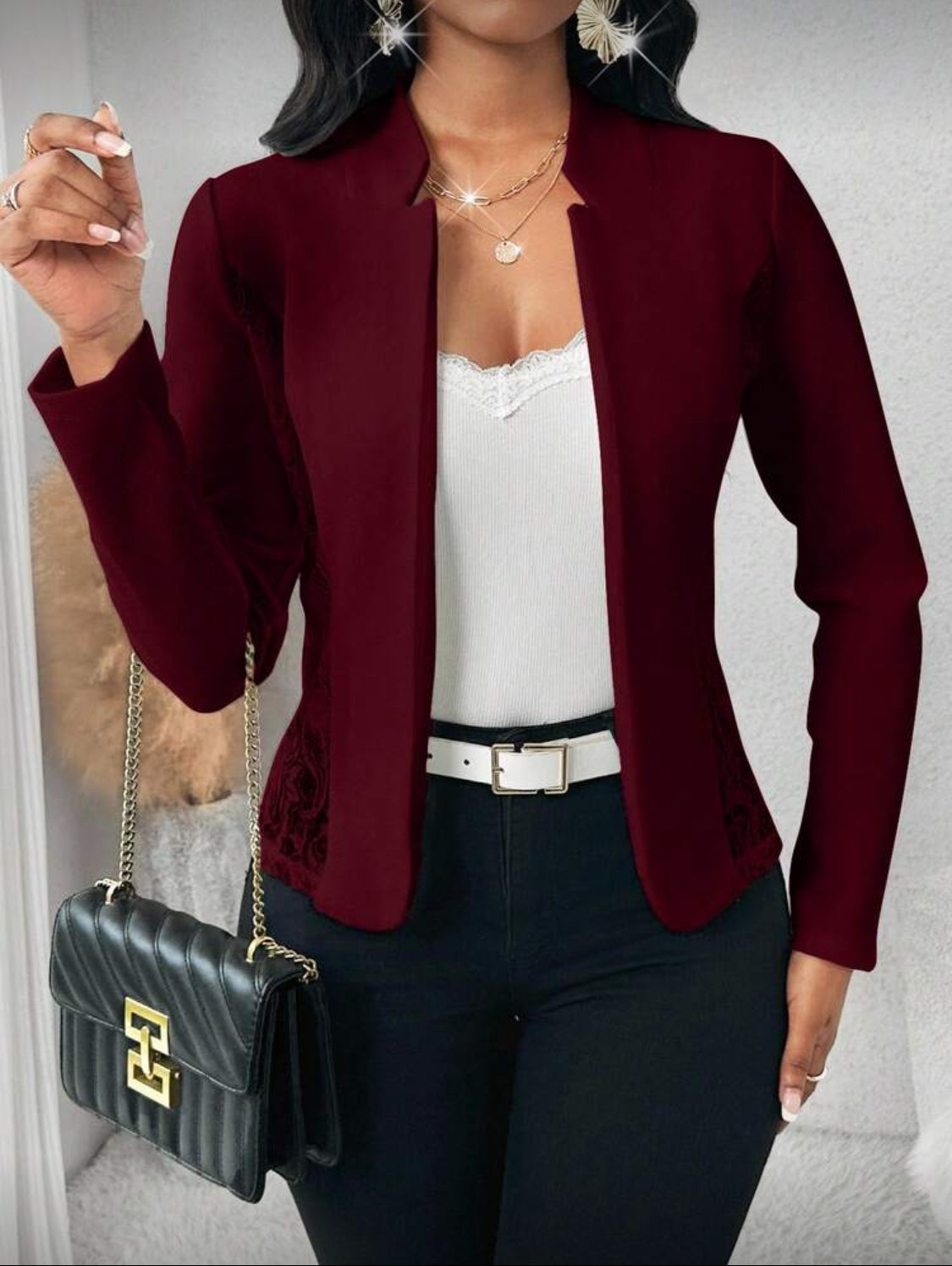 Elegant Lace-Detail Open Front Blazer