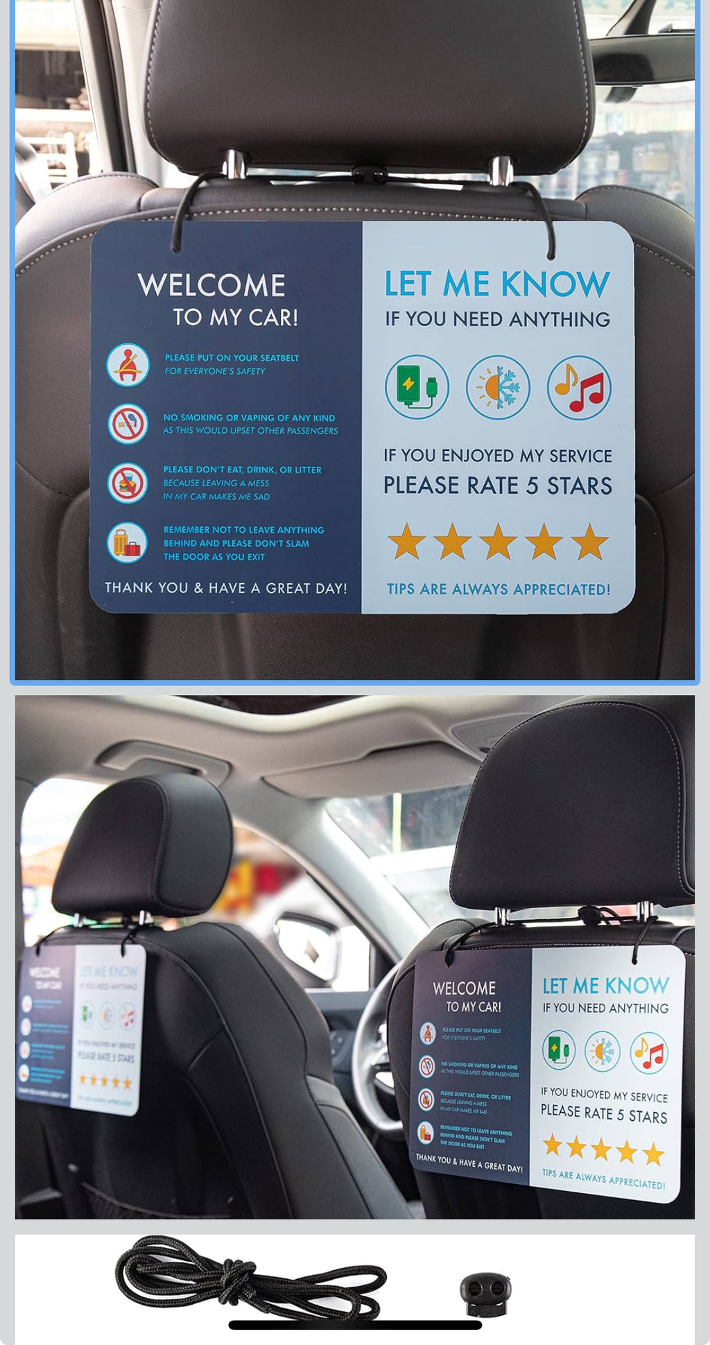 5-Star Driver Courtesy Car Sign – Passenger Rules & Service Reminder Hanging Sign