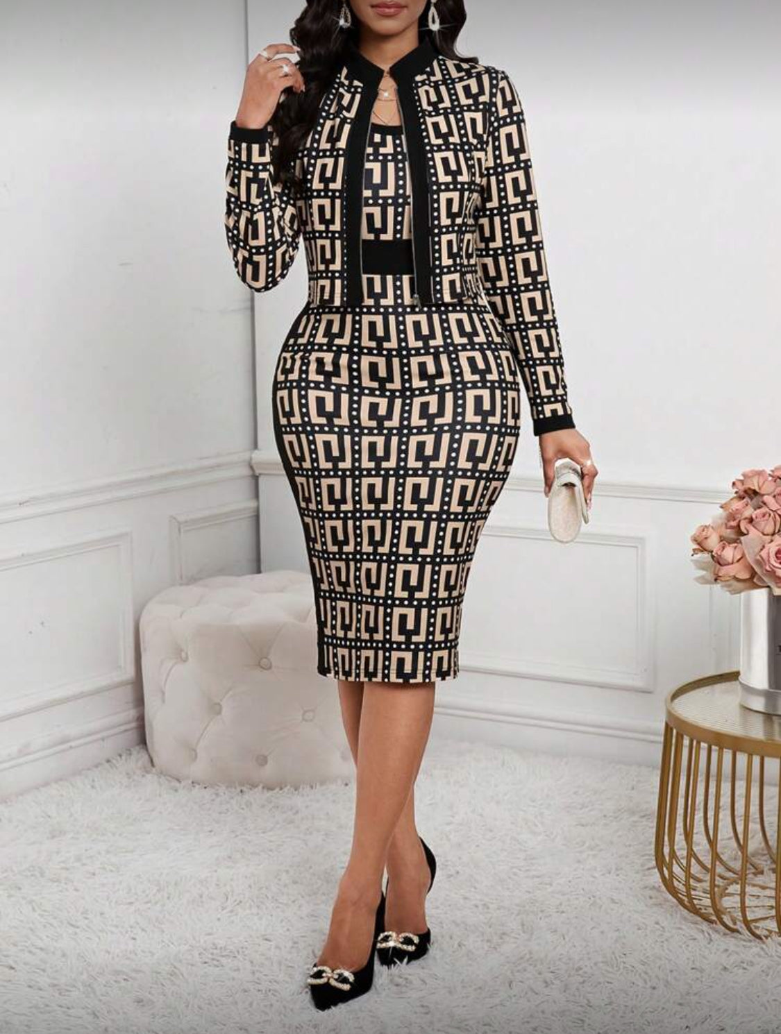 Elegant Contrast Trim Two-Piece Midi Dress Set