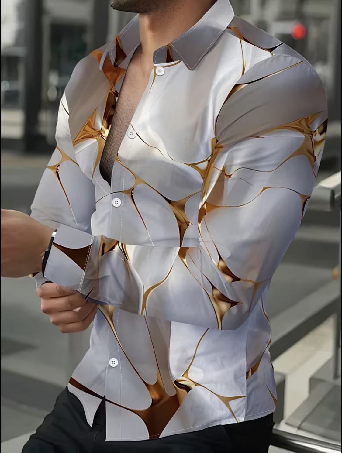 Men’s Luxury Marble Gold Accent Long-Sleeve Button-Down Shirt