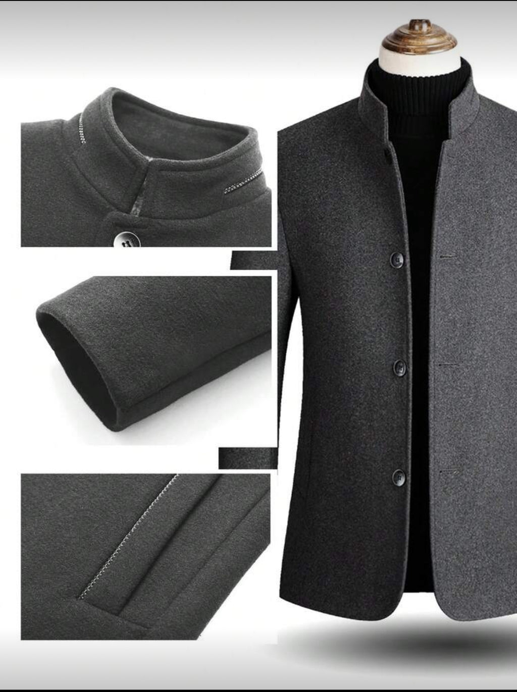 Men’s Stand Collar Wool-Blend Coat