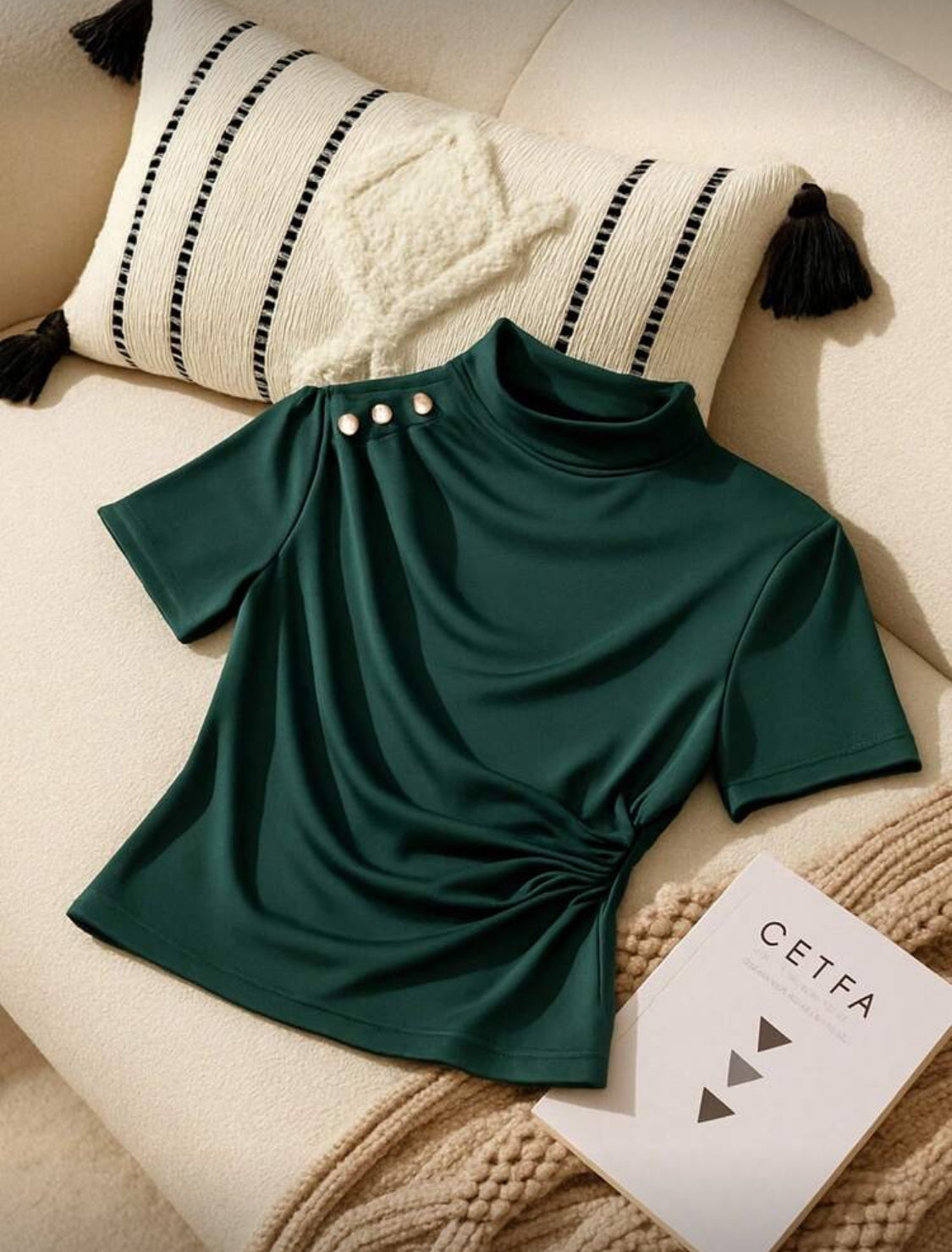 Elegant High-Neck Draped Short Sleeve Top