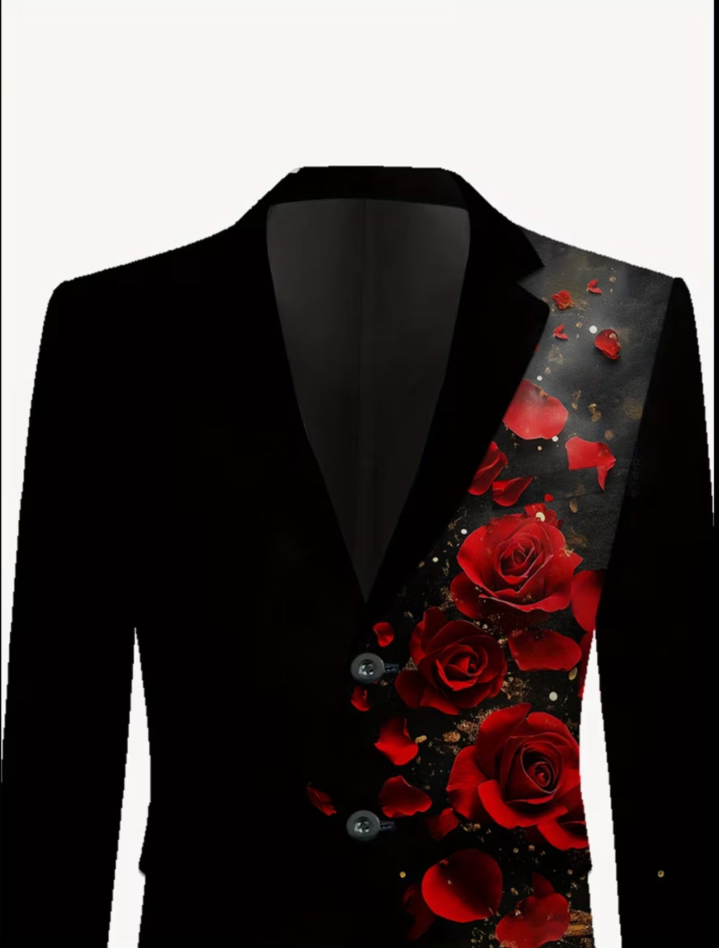 Men’s Black Rose Floral Suit Set with Red Petal Design