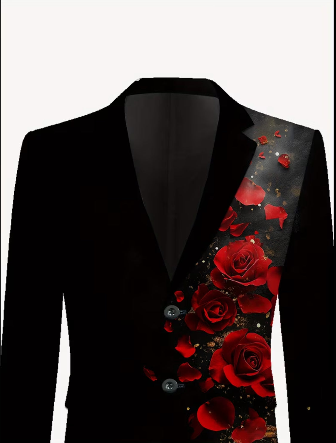 Men’s Black Rose Floral Suit Set with Red Petal Design