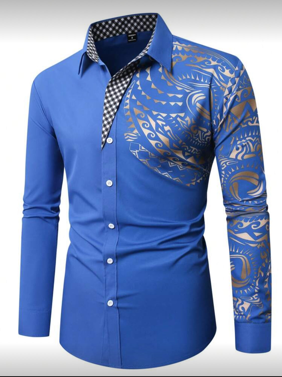 Men’s Slim Fit Designer Shirt with Gold Tribal Pattern