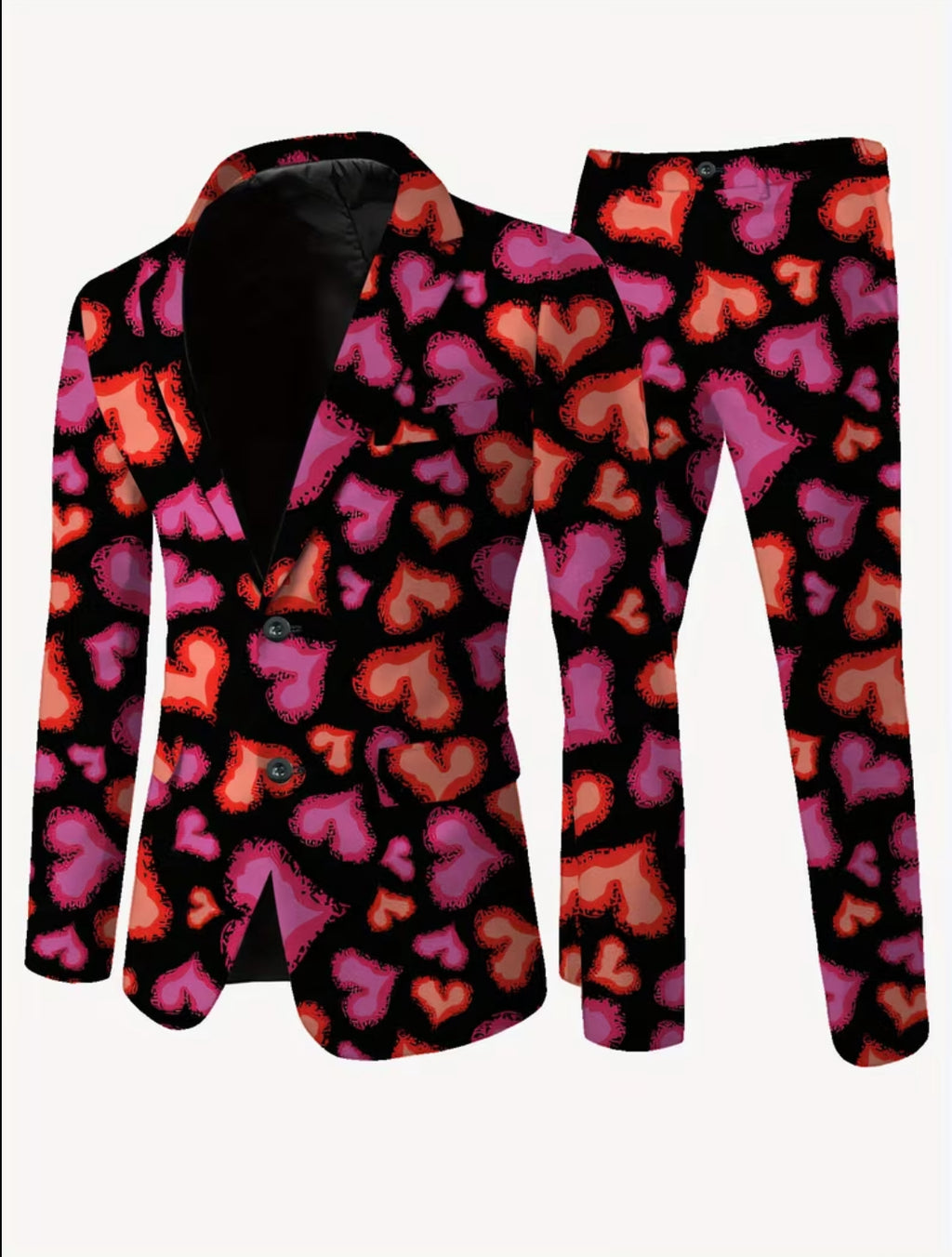 Men’s Black Heart Pattern Suit Set – Pink & Red Graphic Design
