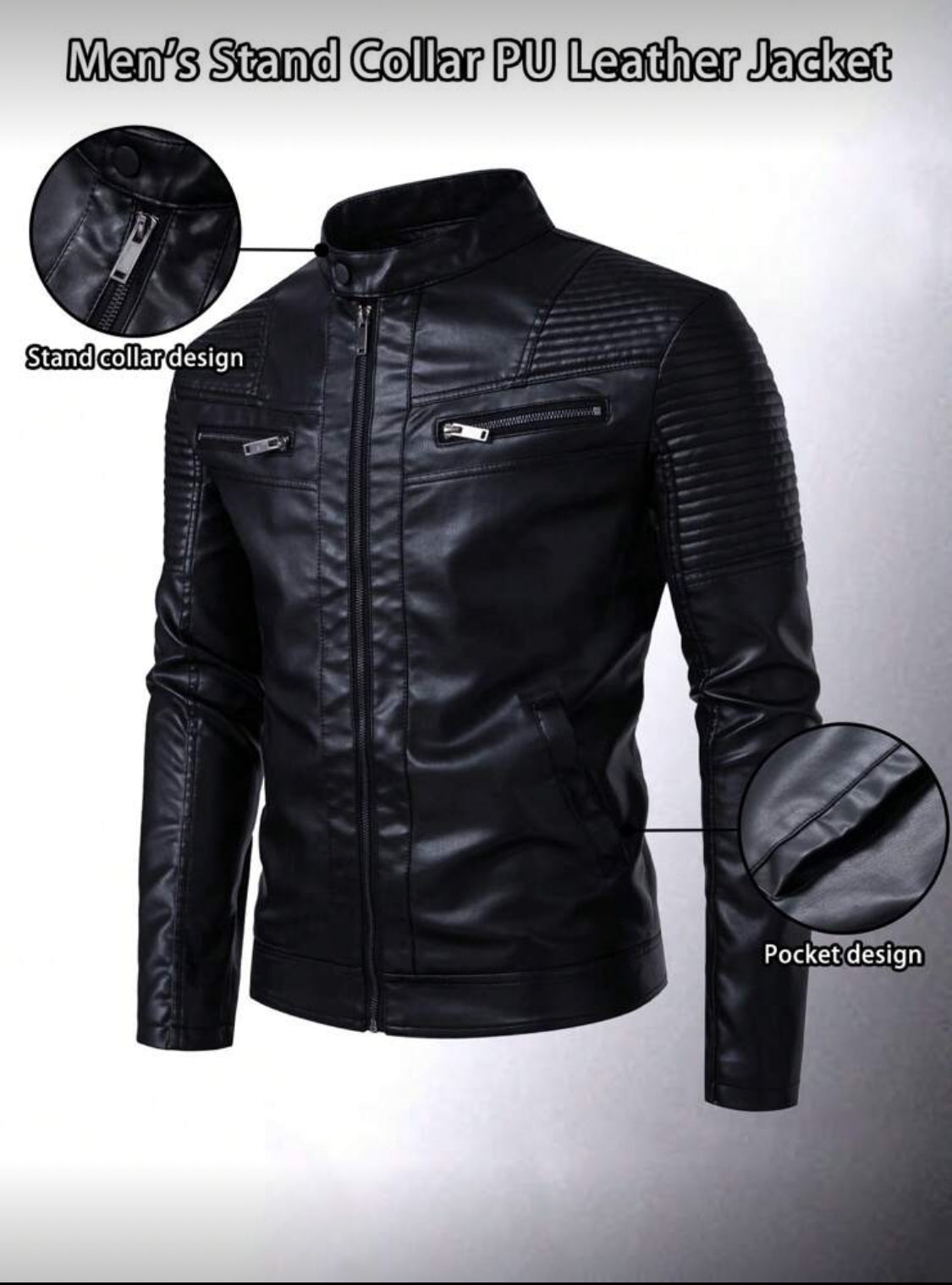 Men’s Stand Collar PU Leather Jacket