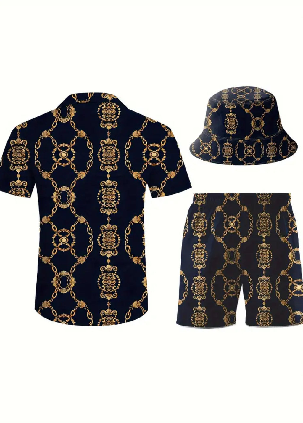Men’s 3-Piece Summer Outfit Set – Luxury Chain Print Shirt, Shorts & Bucket Hat | Casual Fashion Matching Set