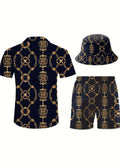 Men’s 3-Piece Summer Outfit Set – Luxury Chain Print Shirt, Shorts & Bucket Hat | Casual Fashion Matching Set