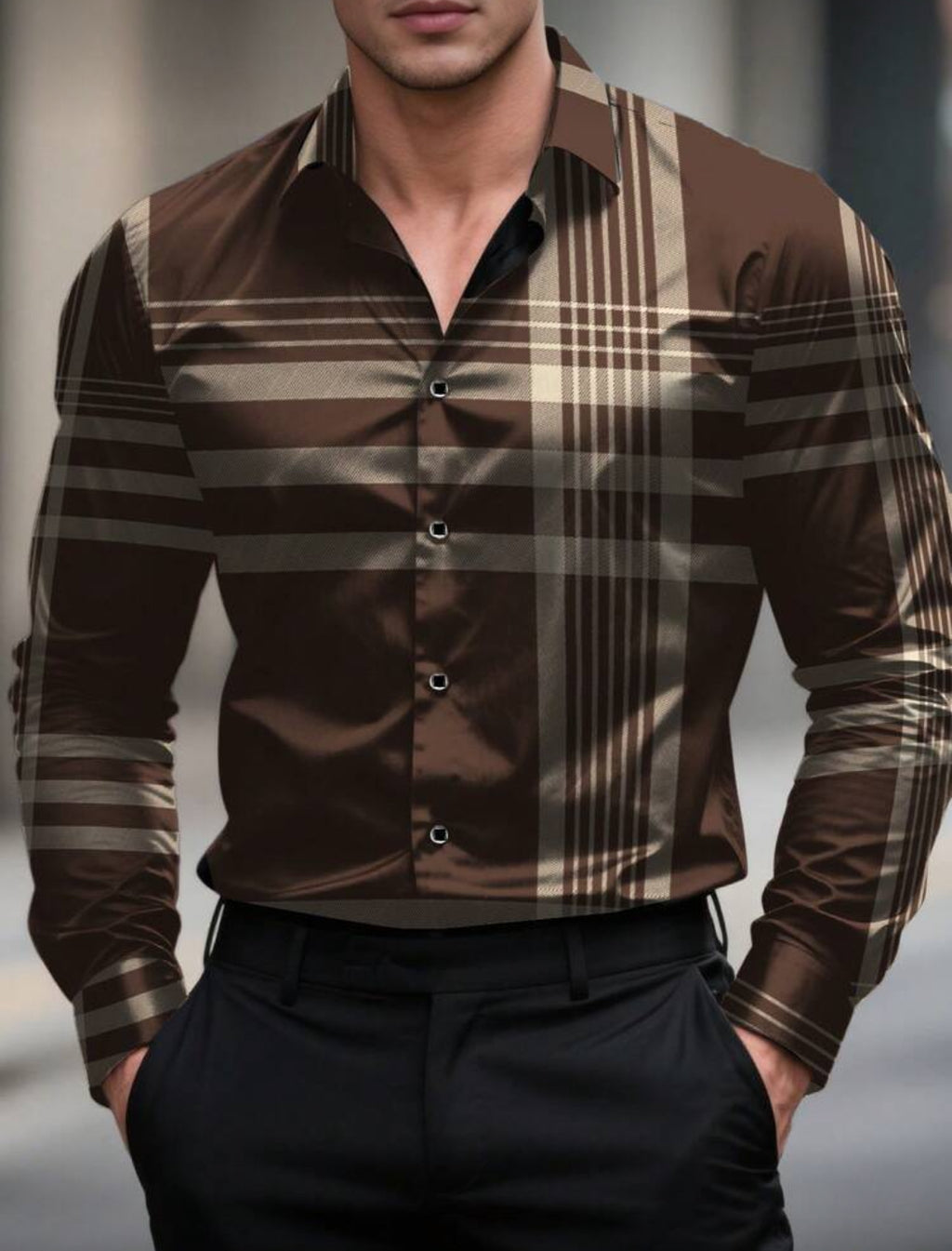 Men’s Modern Plaid Slim-Fit Button-Up Shirt
