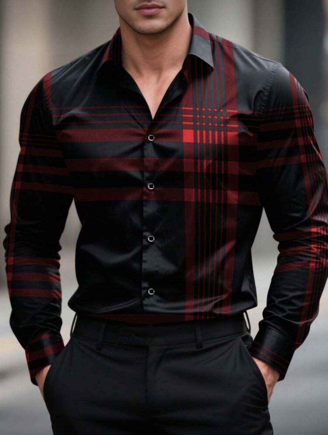 Men’s Modern Plaid Slim-Fit Button-Up Shirt