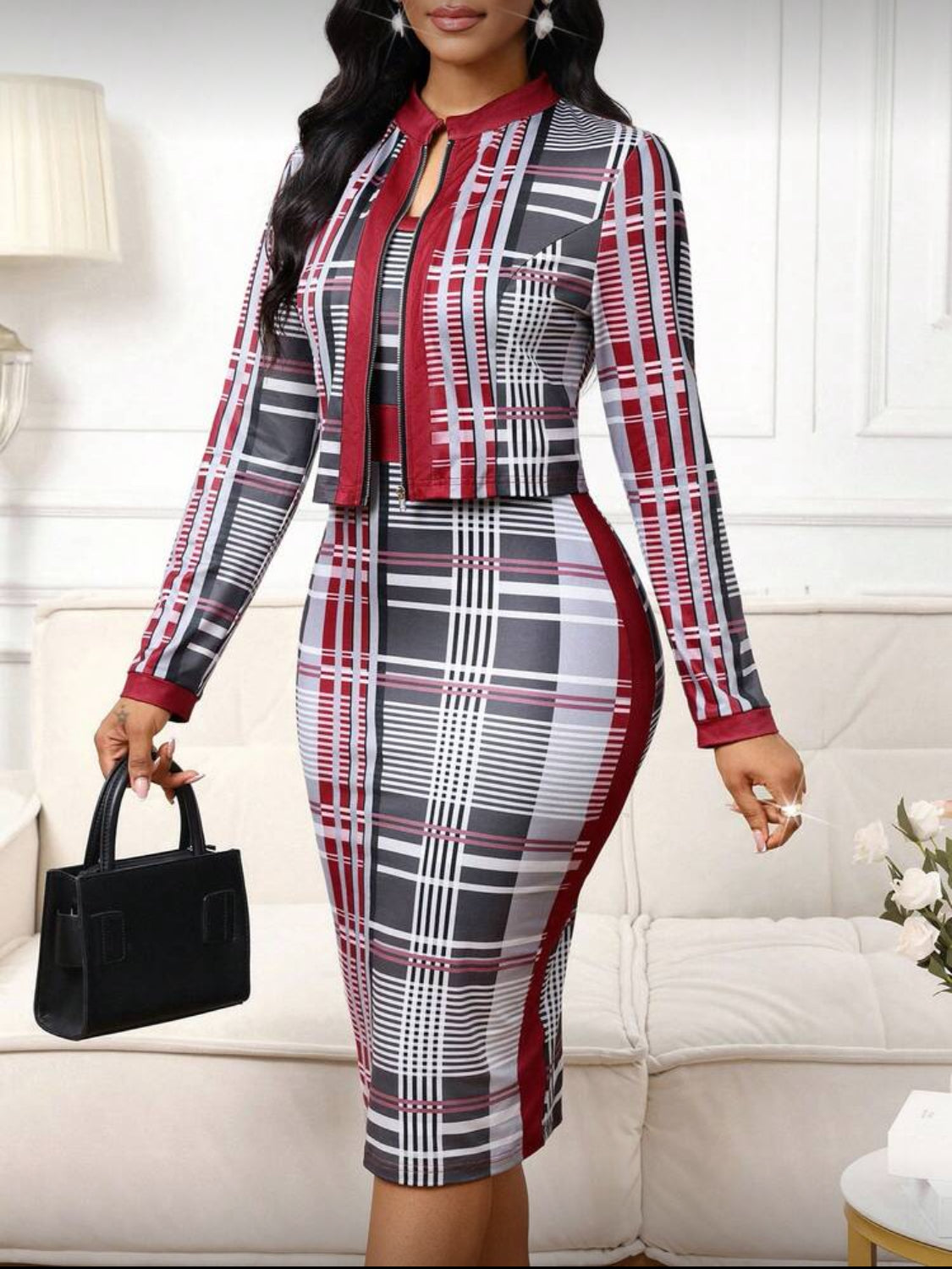 Elegant Contrast Trim Two-Piece Midi Dress Set