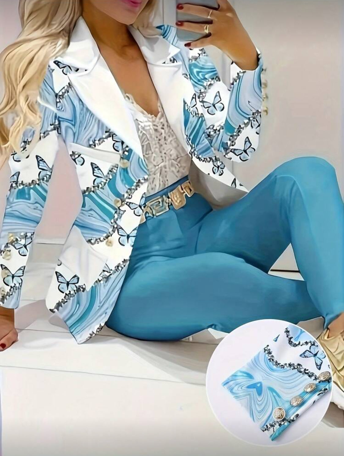 Elegant Butterfly Print Blazer & Pants Set (2-Piece Outfit)