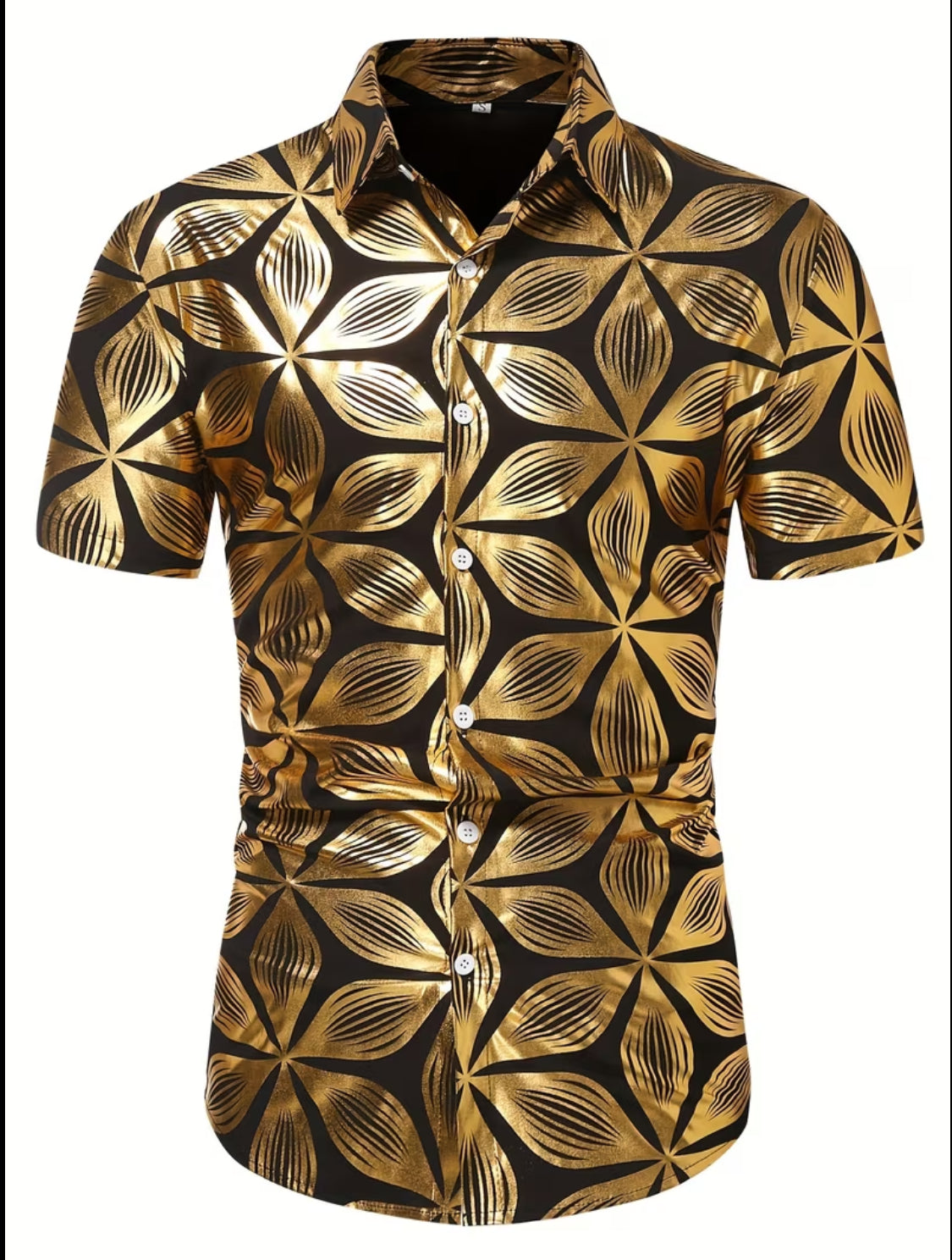Men’s Luxury Gold Leaf Print Short-Sleeve Button-Down Shirt