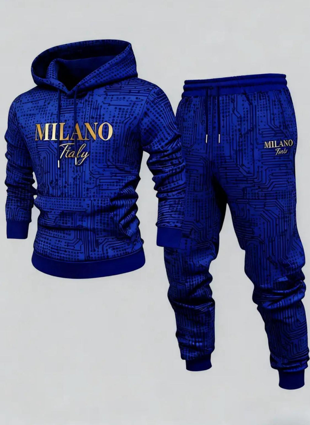 Milano Italy Men’s 2-Piece Tracksuit Set – Printed Hoodie & Jogger Pants | Royal Blue Streetwear Outfit