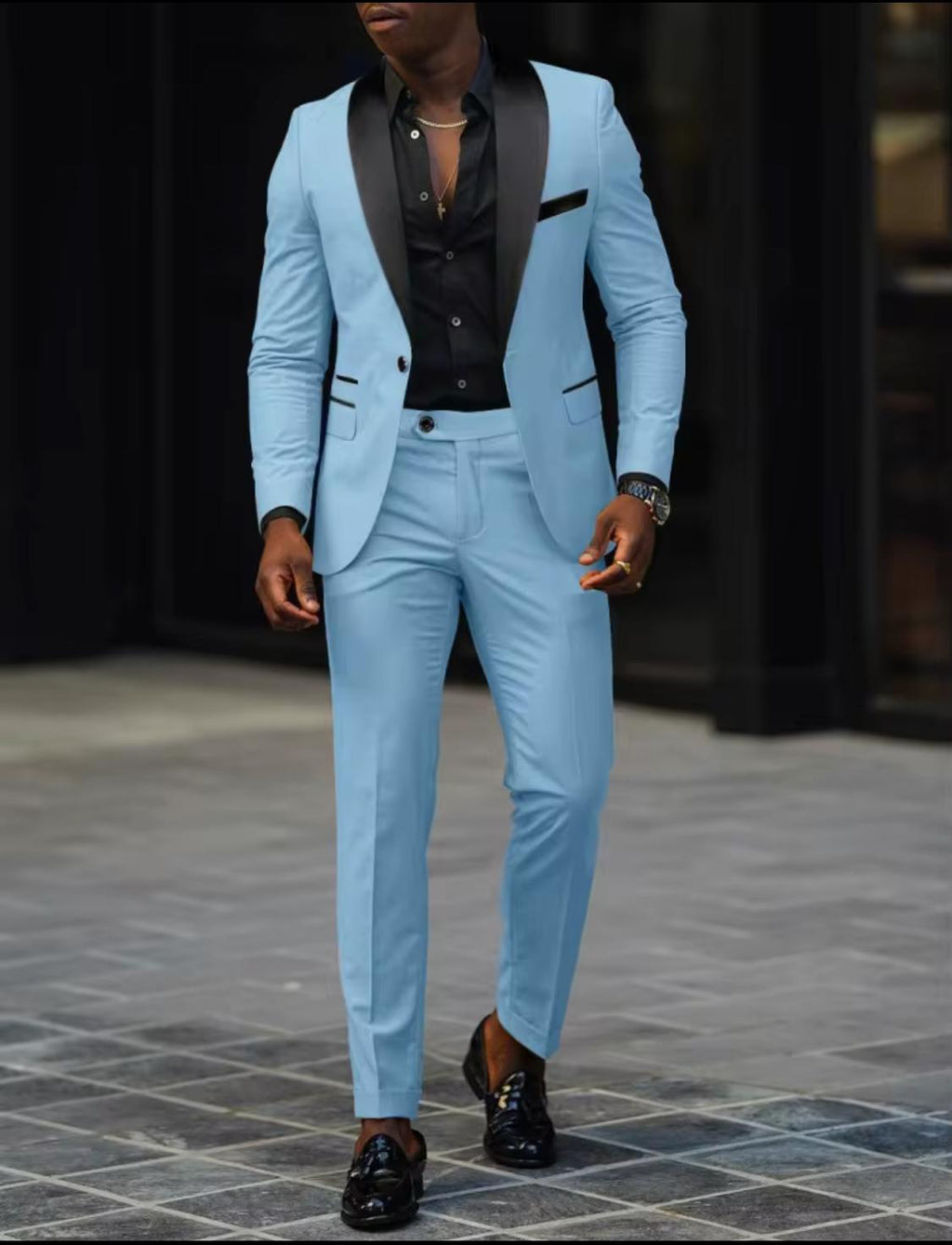 Men’s Slim Fit 2-Piece Tuxedo Suit – Burgundy Blazer & Dress Pants with Black Satin Lapel | Modern Formal Outfit