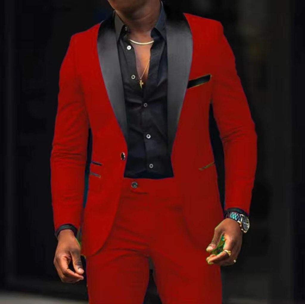 Men’s Slim Fit 2-Piece Tuxedo Suit – Burgundy Blazer & Dress Pants with Black Satin Lapel | Modern Formal Outfit