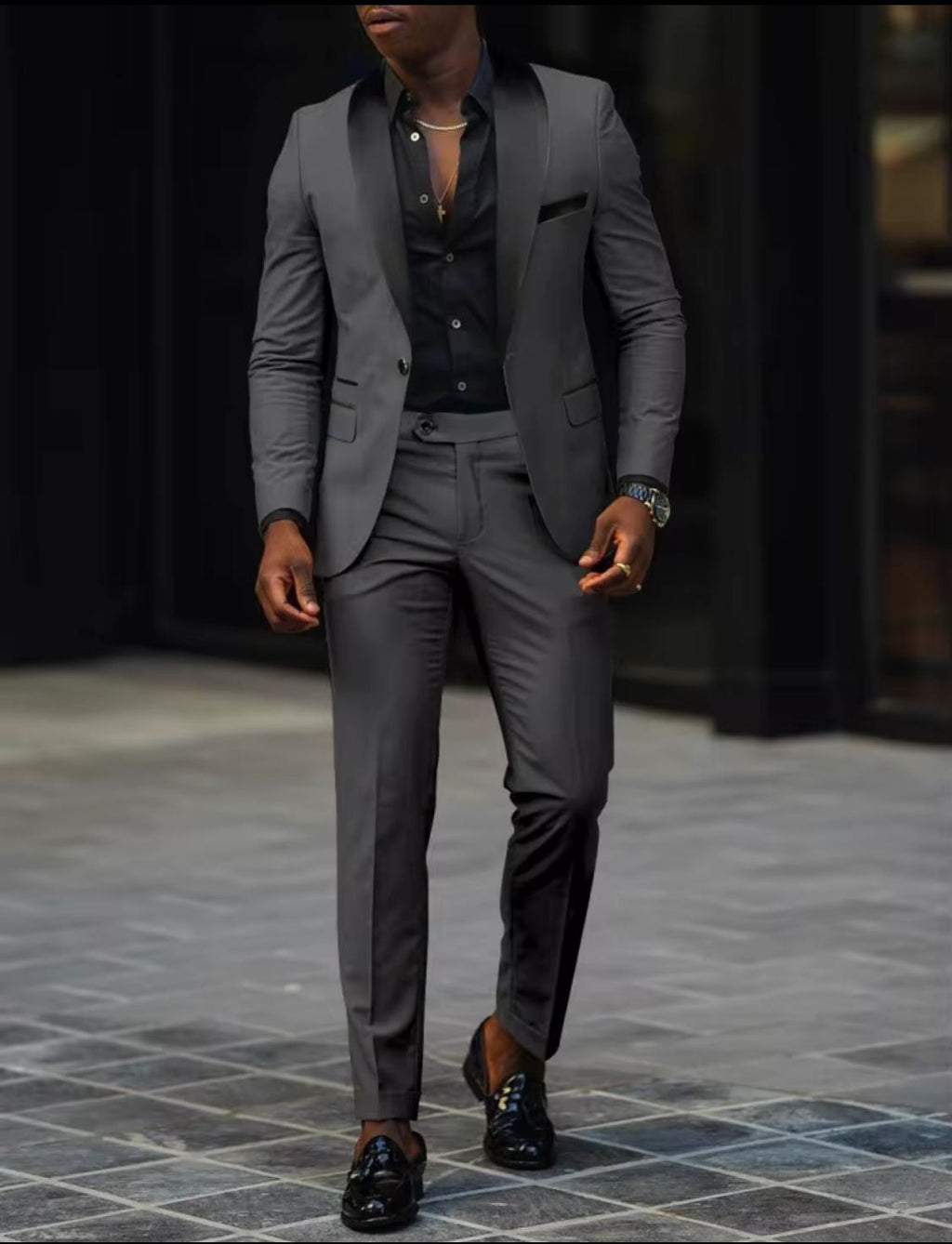 Men’s Slim Fit 2-Piece Tuxedo Suit – Burgundy Blazer & Dress Pants with Black Satin Lapel | Modern Formal Outfit