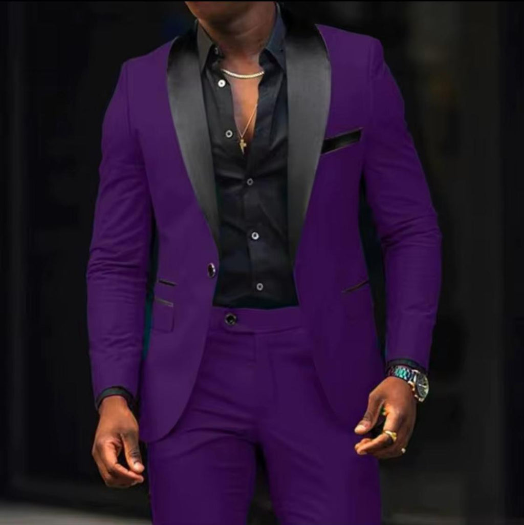 Men’s Slim Fit 2-Piece Tuxedo Suit – Burgundy Blazer & Dress Pants with Black Satin Lapel | Modern Formal Outfit