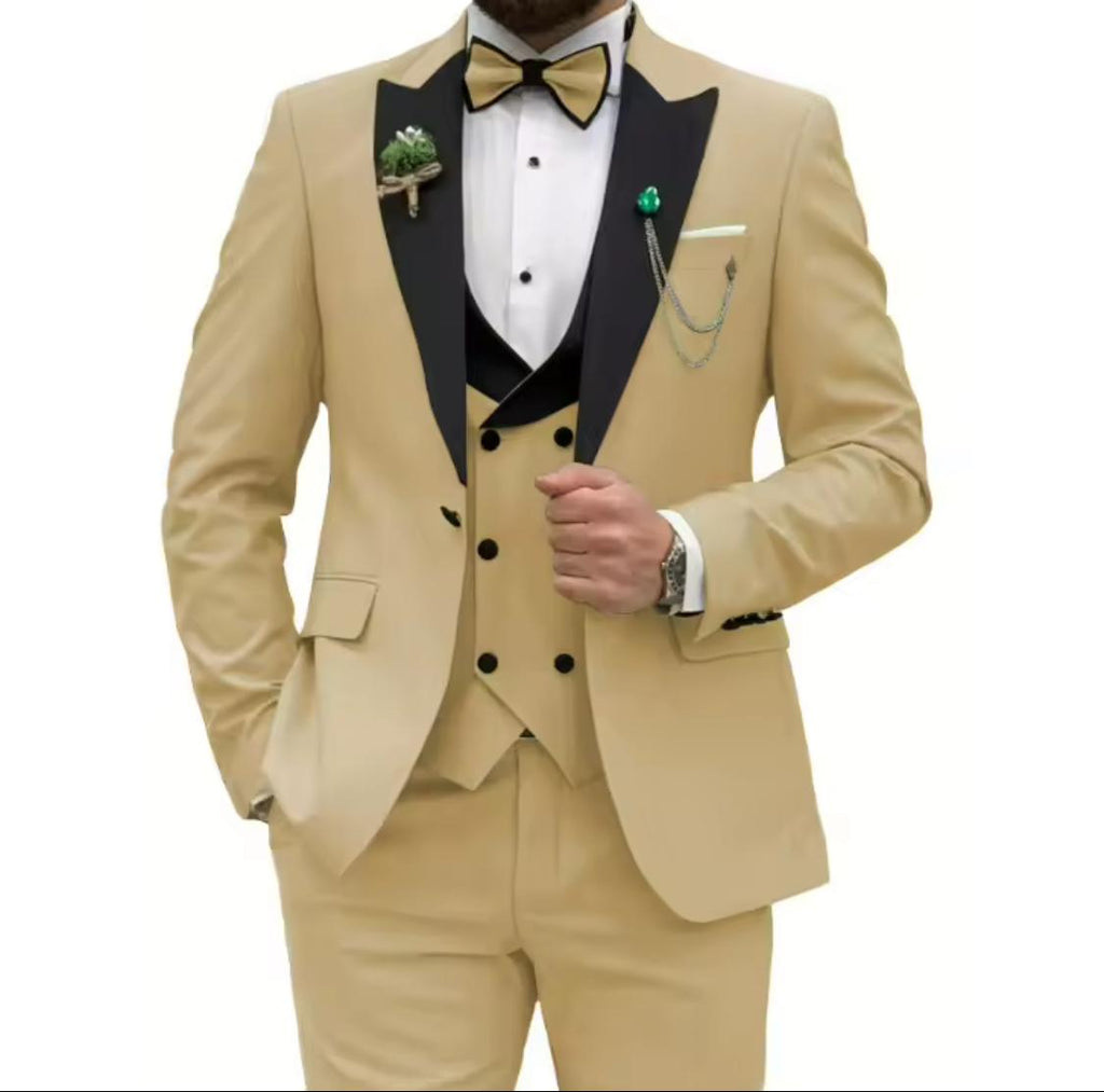 Men’s 3-Piece Tuxedo Suit Set – Slim Fit Blazer, Vest & Dress Pants | Gold & Black Formal Wedding Outfit