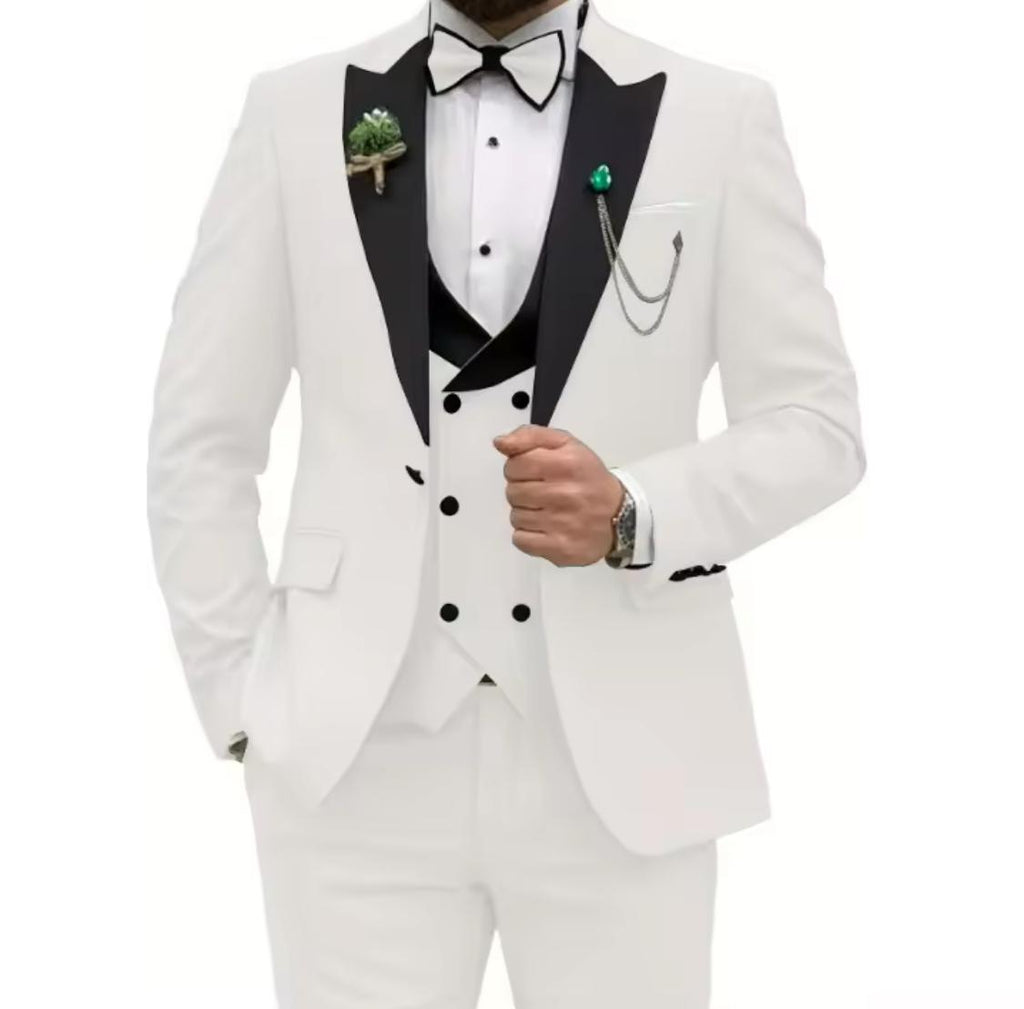 Men’s 3-Piece Tuxedo Suit Set – Slim Fit Blazer, Vest & Dress Pants | Gold & Black Formal Wedding Outfit