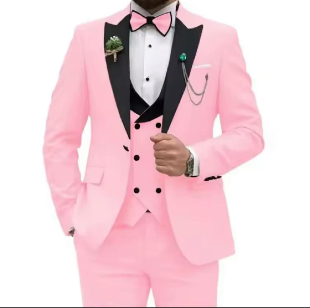 Men’s 3-Piece Tuxedo Suit Set – Slim Fit Blazer, Vest & Dress Pants | Gold & Black Formal Wedding Outfit